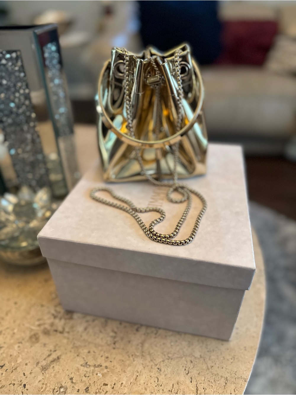 Jimmy Choo Gold Metallic Mini Drawstring Bucket Bag - Picture 6 of 13